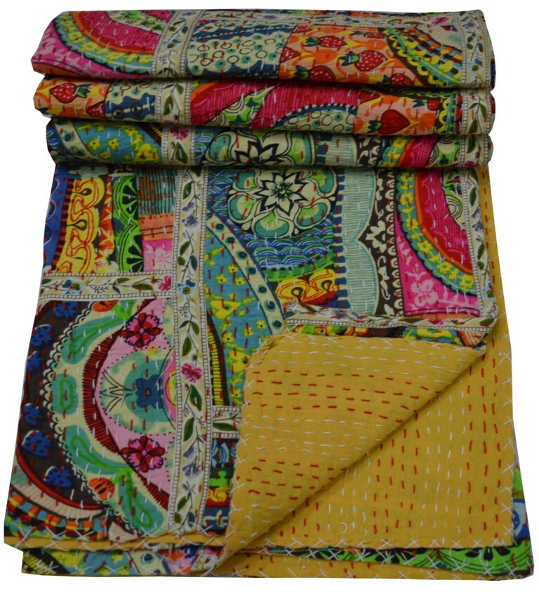 Reversible Patchwork Kantha Quilt Multicolor Single Blanket Bohemian Bed Runner