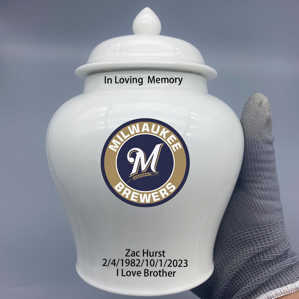 Ceramic Medium Urn for Milwaukee Brewers Baseball Theme, Custom Text