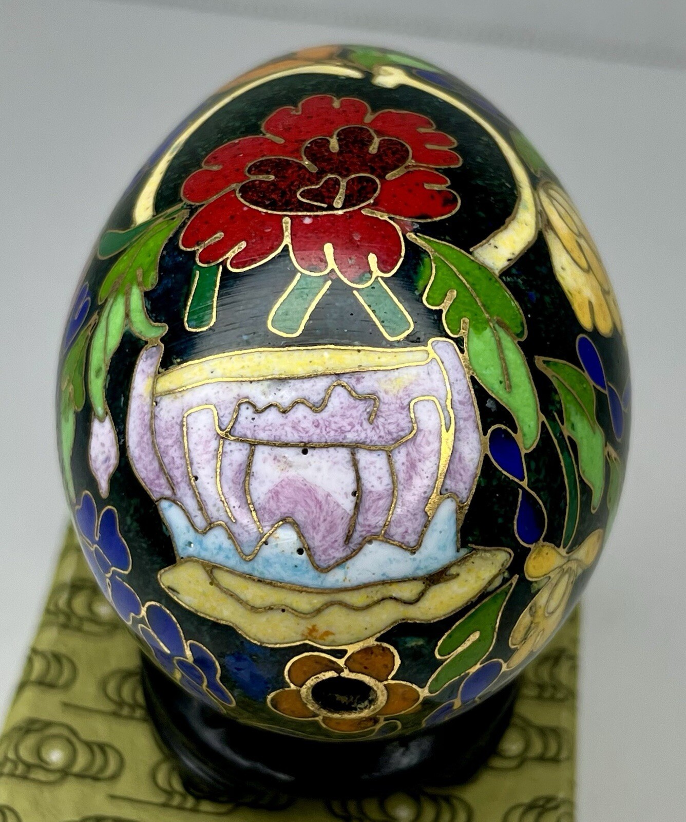 Vintage Chinese Black Cloisonné Enamel Copper Egg Pink Flowers Wood Stand In Box