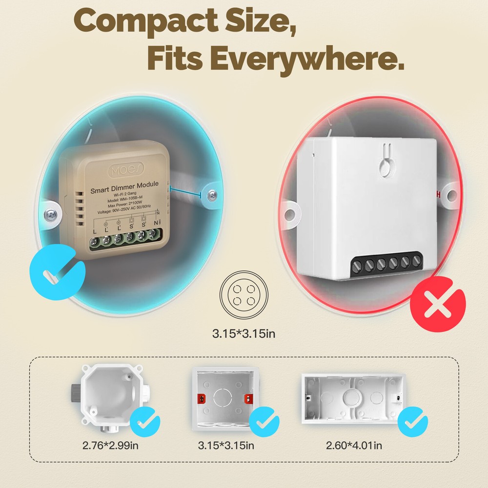 MOES WiFi Mini Smart Wall Light Dimmer Switch Module 3Way Alexa Google APP Timer