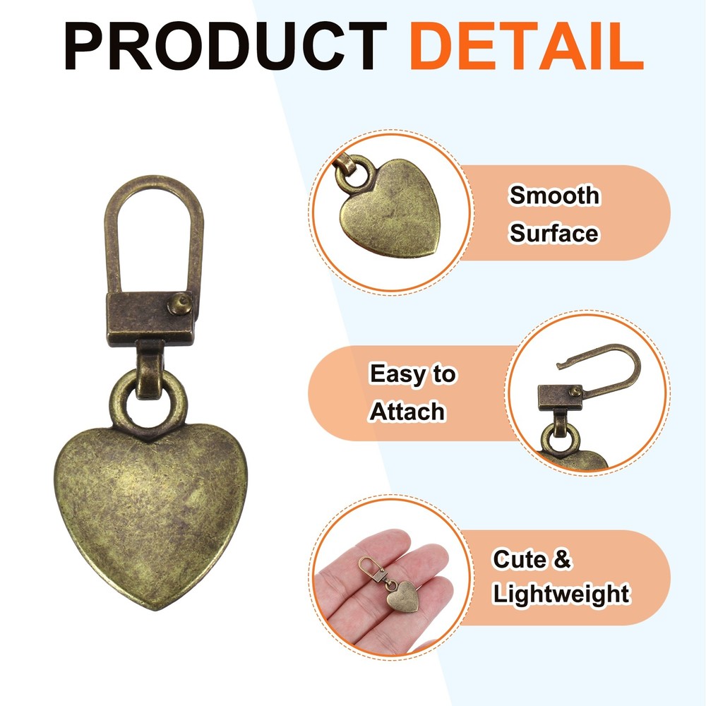 Zipper Pull Charm 10 Pcs Heart Shape Zipper Pull Replacement, Copper Tone