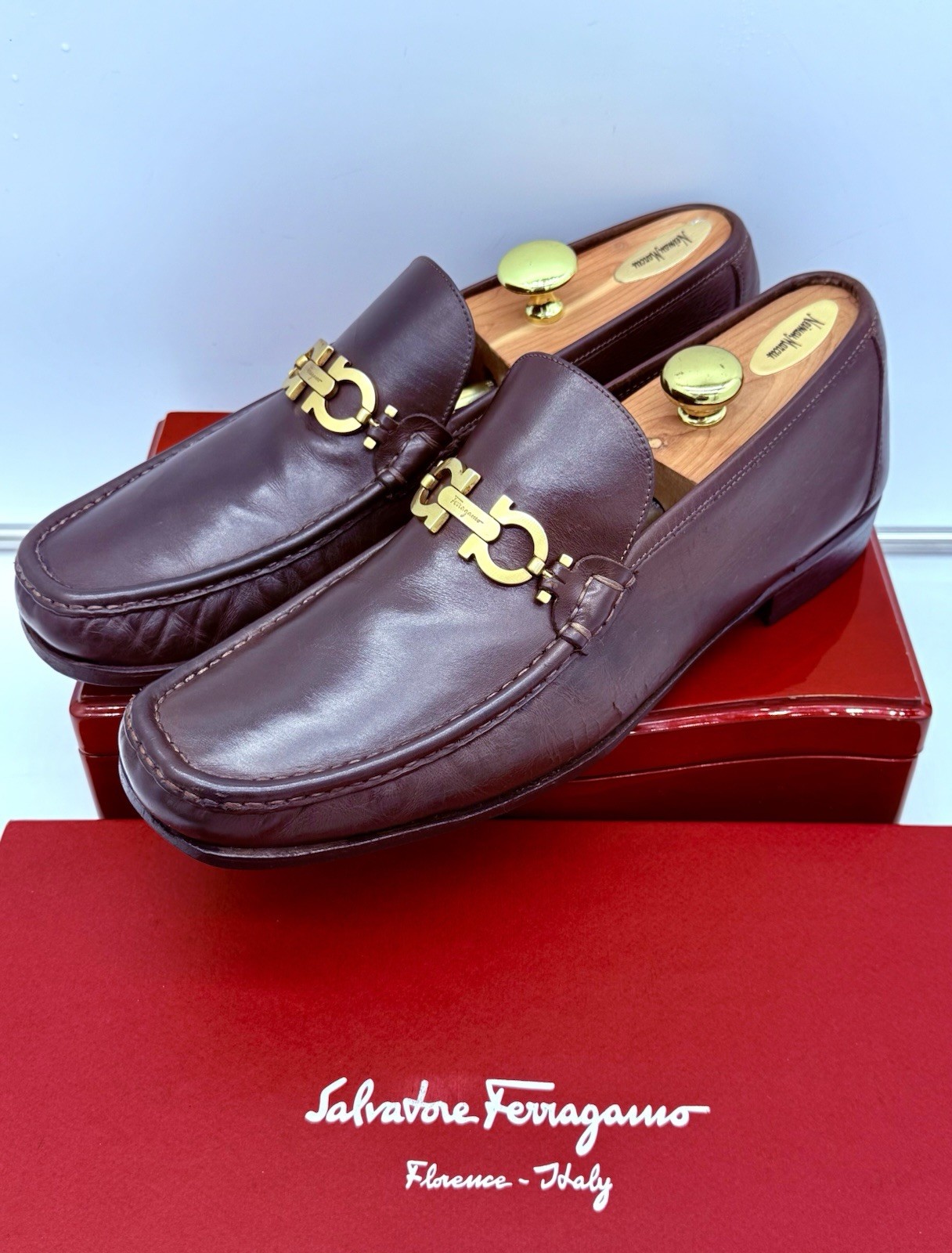 Ferragamo Mens Brown Loafers 12 Gold Gancini Horse Bit Leather Luxe Shoes Rare