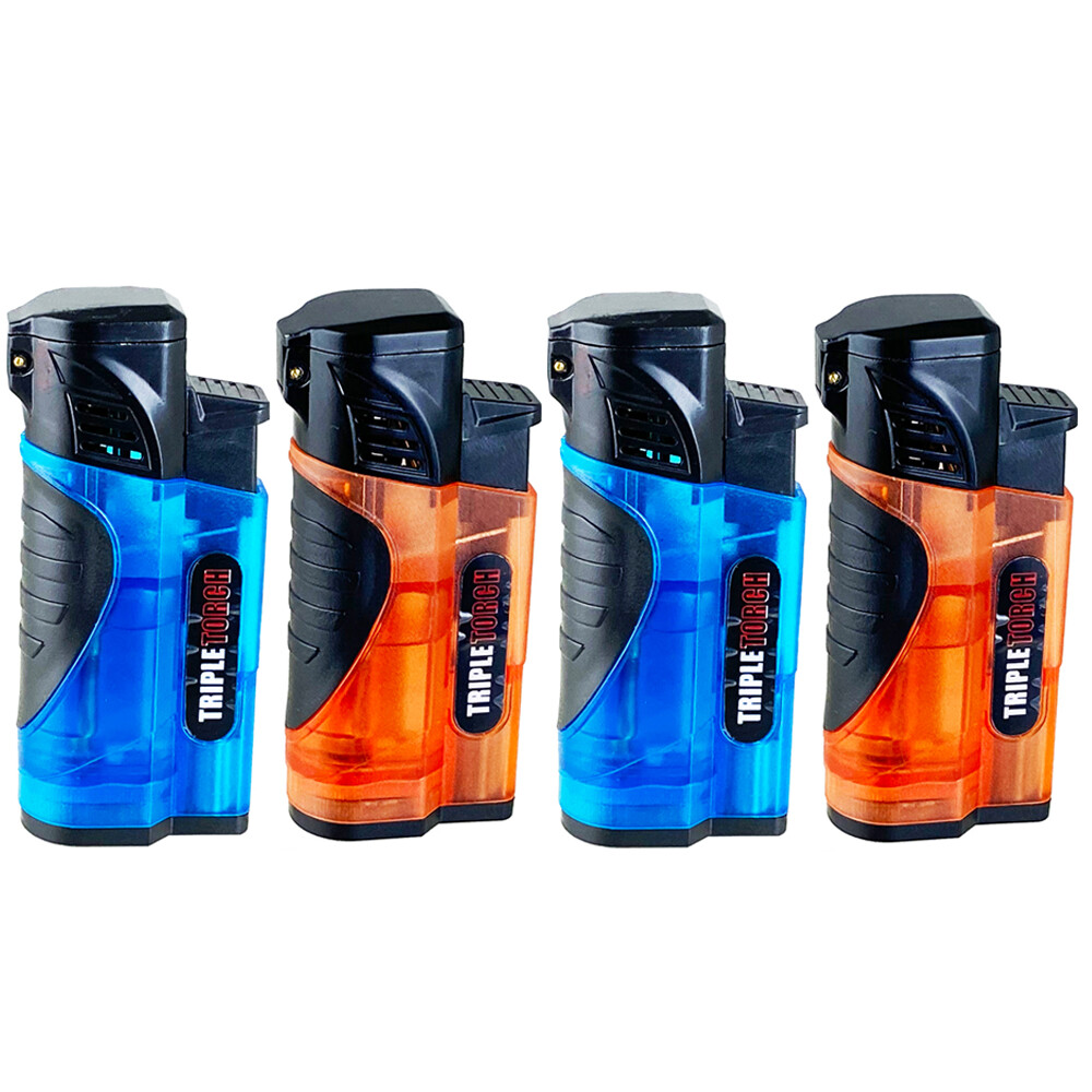 4 PACK Triple Clear Color Torch Lighter Adjustable Flame W/Cigar Puncher PR
