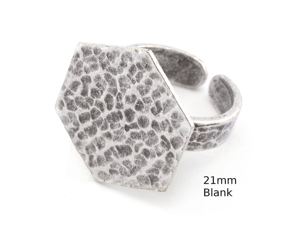 Hexagonal Hammered Adjustable Ring Blank - Antique Silver Plated Brass 21mm 4946