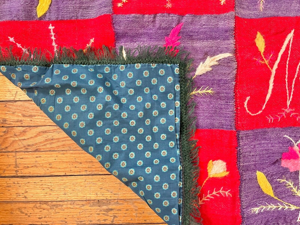 Vintage Patchwork Quilt 45 in Square Monogramed M or W Table Cover Loomed Wool