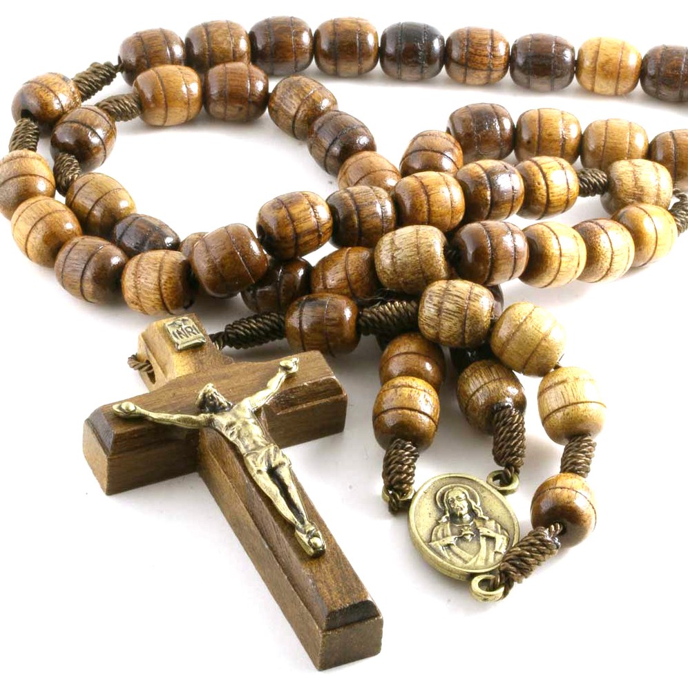 Rosary Necklace for Men Wooden Brown Carved Beads Strong Cord Rope Catholic