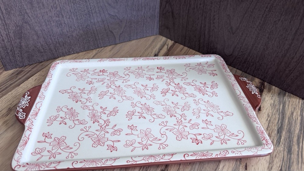 Temp-tations Floral Lace Ceramic Rectangular Platter White Red