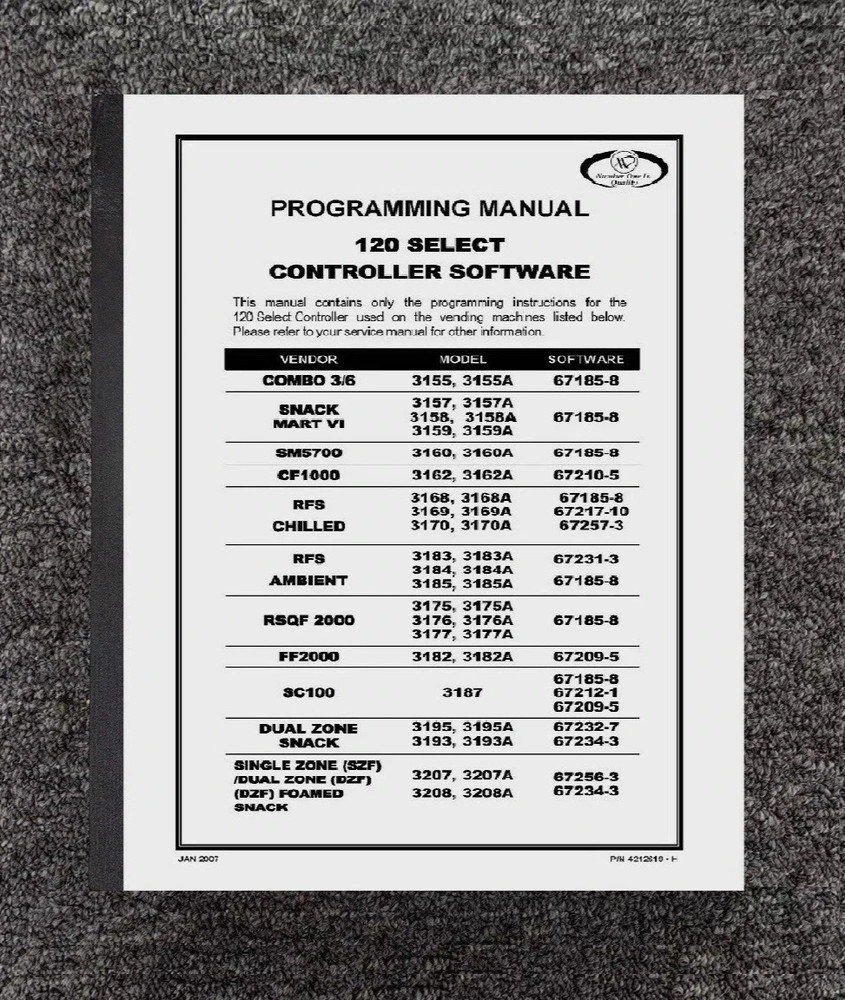 120 SELECT CONTROLLER SOFTWARE PROGRAMMING MANUAL FITS VENDNET 4212619 H 2007