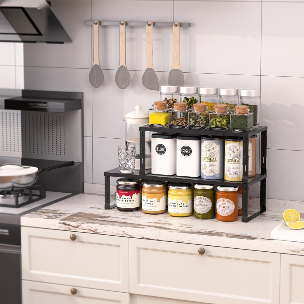 Heavy-Duty Adjustable Metal Shelf Organizer - Expandable & Stackable Pantry S...