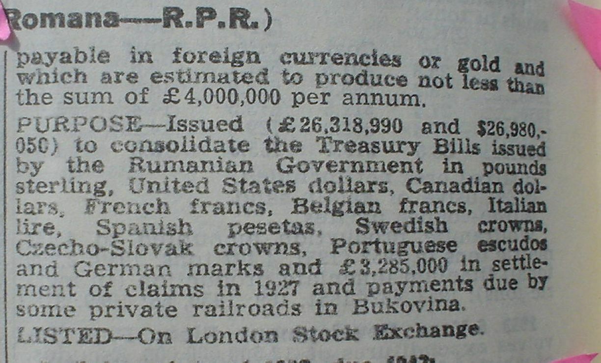 Kingdom of Romania 7% 100 £ Monopolies Inst. Bond to Bearer 1929 uncanc. coupons