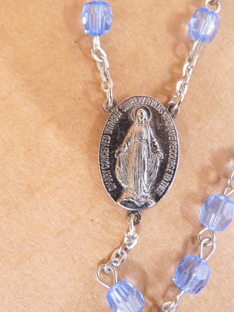 VTG Catholic 5 Decade Rosary Immaculate Conception Light Blue Beads