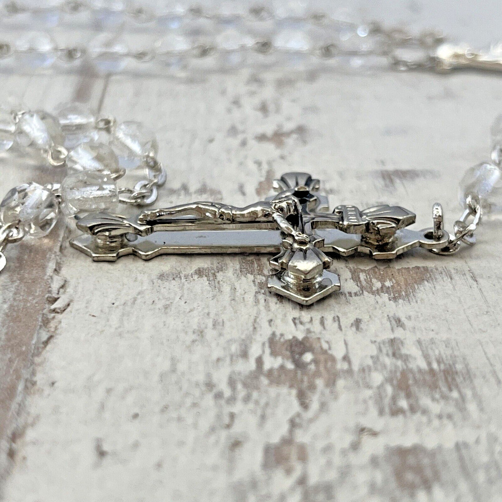 Clear Multi Faceted Cut Rosary Beads INRI 19"