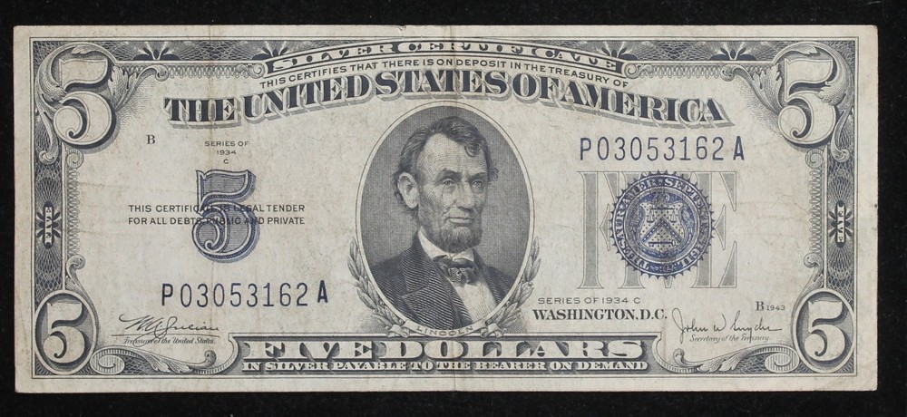 1934 C $5 Silver Certificate - VF