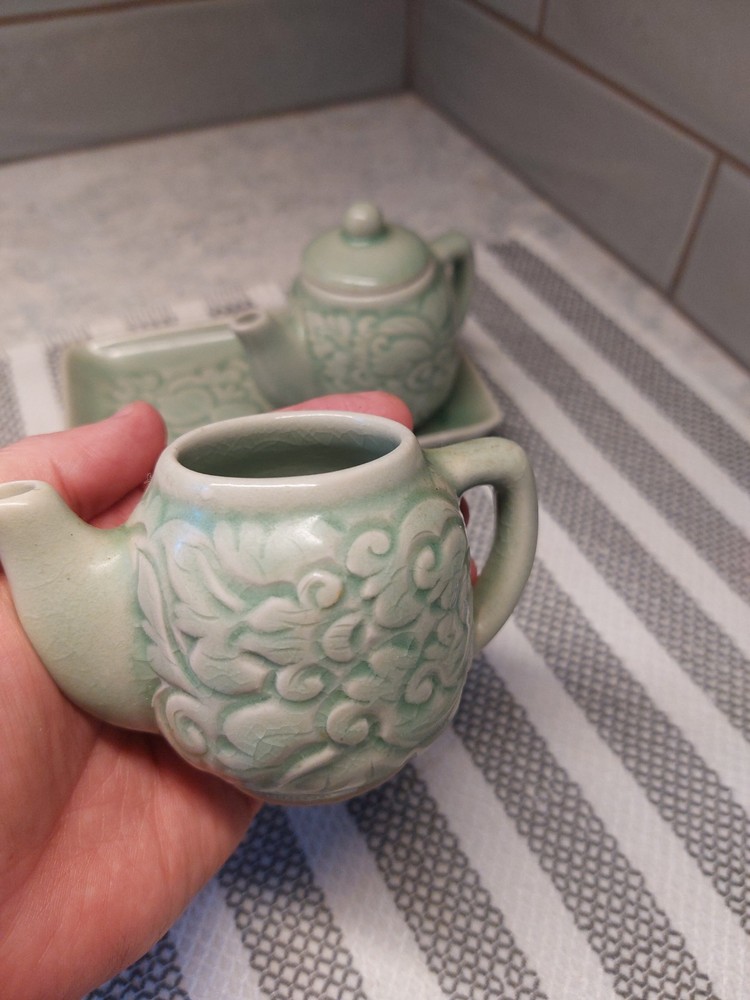Celadon Green 3 Piece Ceramic Condiment Set *Missing One Lid*