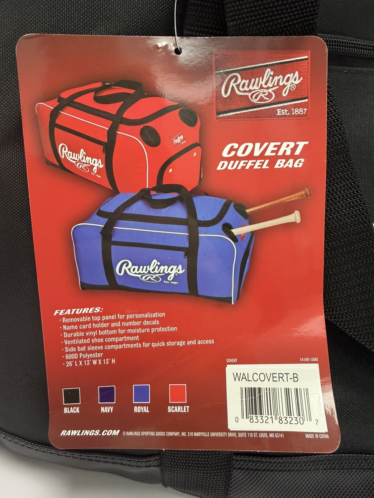 Rawlings Covert Duffel Bag Equipment Baseball Softball Black