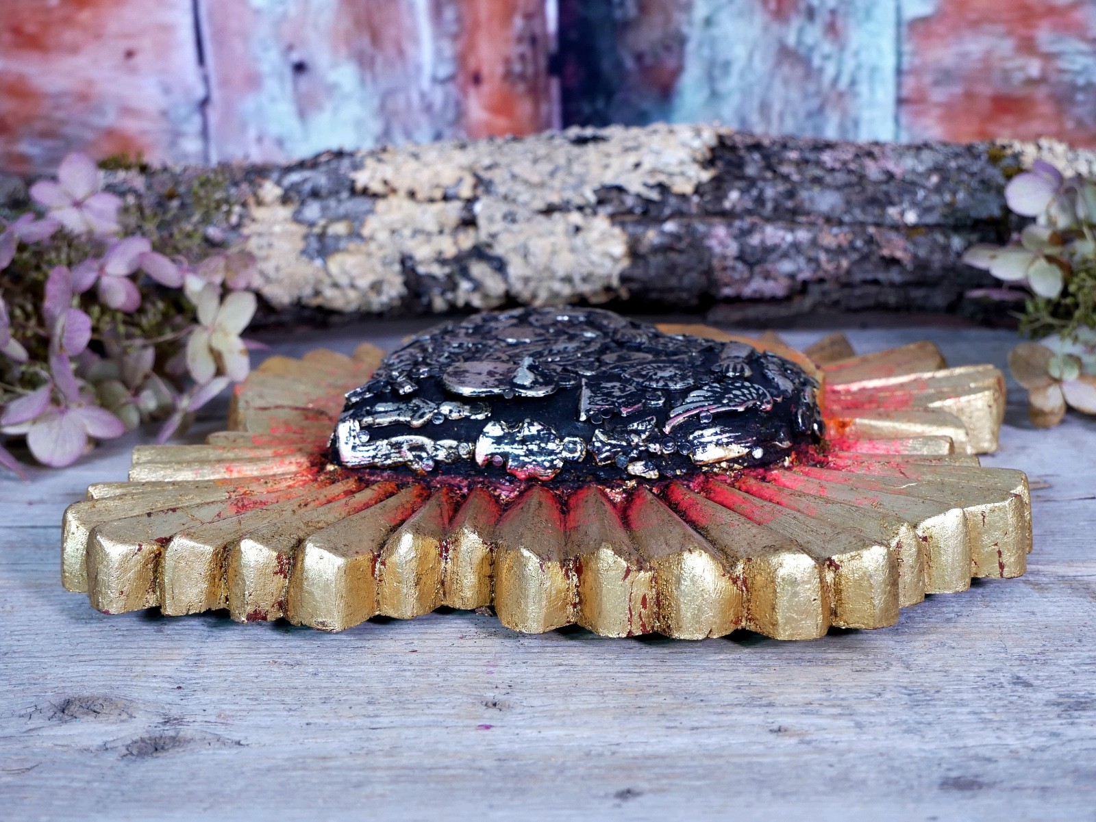 Heart Gold Starburst Milagros Guadalupe Wood Handmade Michoacan Mexican Folk Art