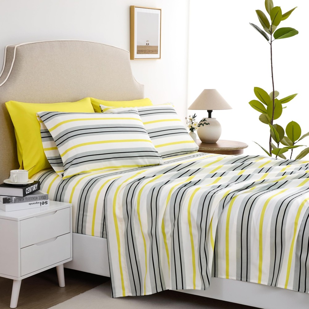 Queen Size Bed Sheets Set Deep Pockets - 6PC Striped Ultra Soft Microfiber Be...