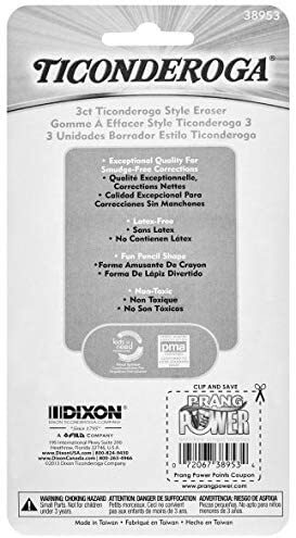 TICONDEROGA Erasers, Pencil Shaped, Latex-Free, Yellow, 1-3pak (38953)