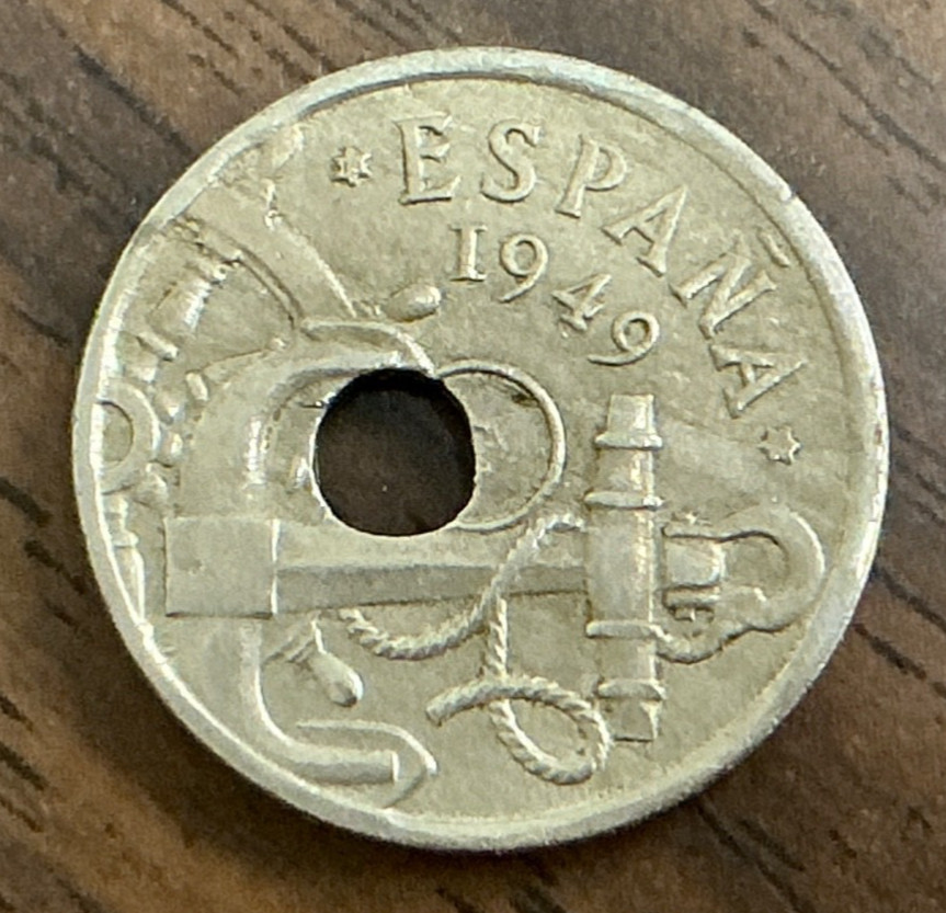 1949 Spain 50 Centavos Off-Center Hole Error
