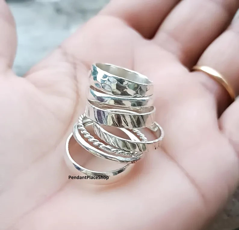 Handmade 925 Sterling Silver Stacking Rings Set, 7-Piece Ring Jewelry All Size