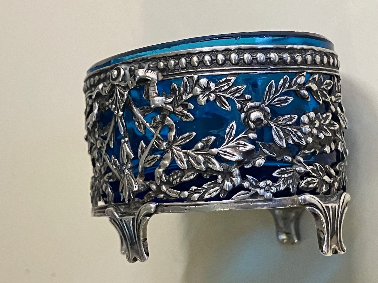 ANTIQUE SILVER FLORAL OPENWORK BLUE GLASS LINDED SALT CELLAR MASSAT FRERES PARIS