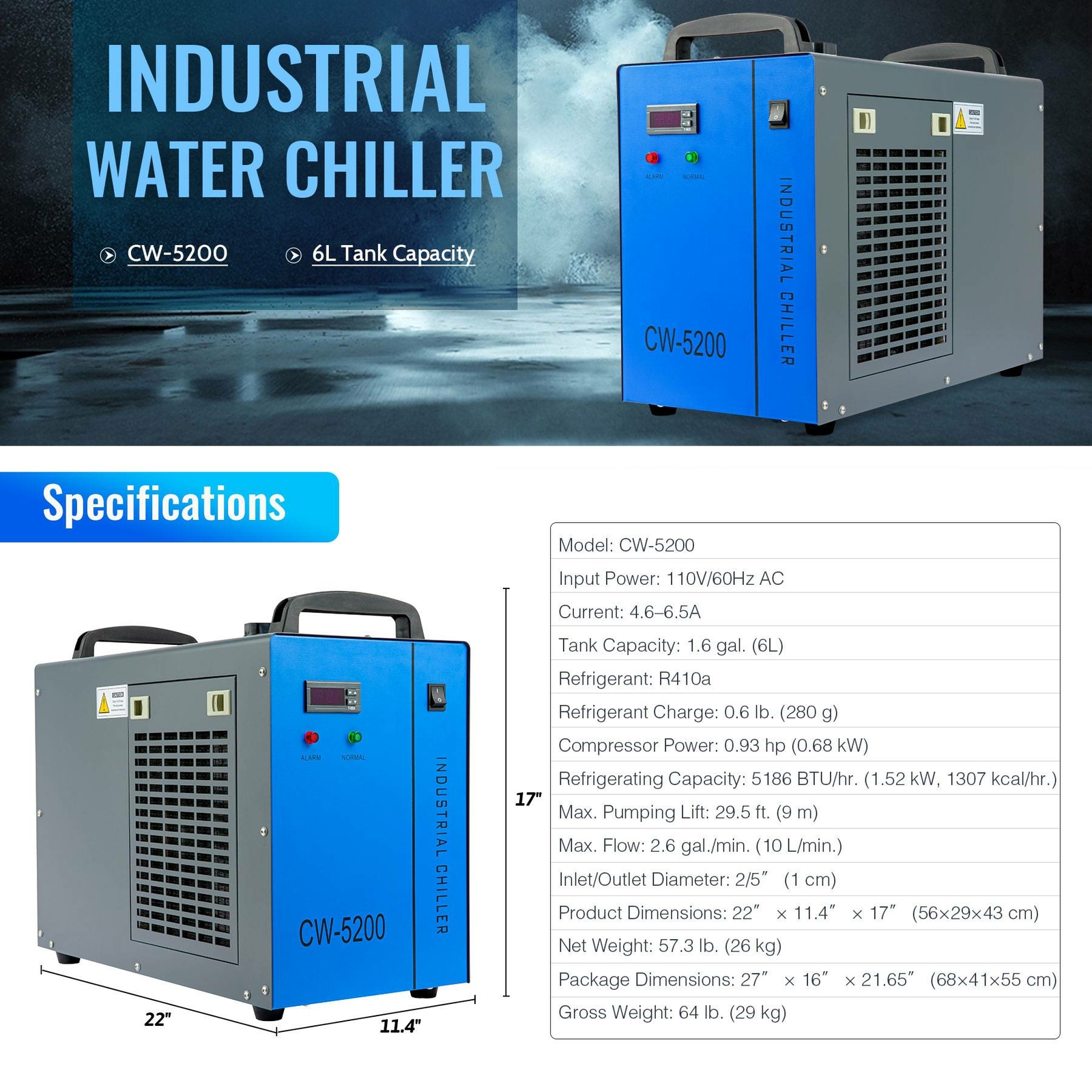 OMTech CW-5200 Industrial Water Chiller for CO2 Laser Engraving Cutting Machines