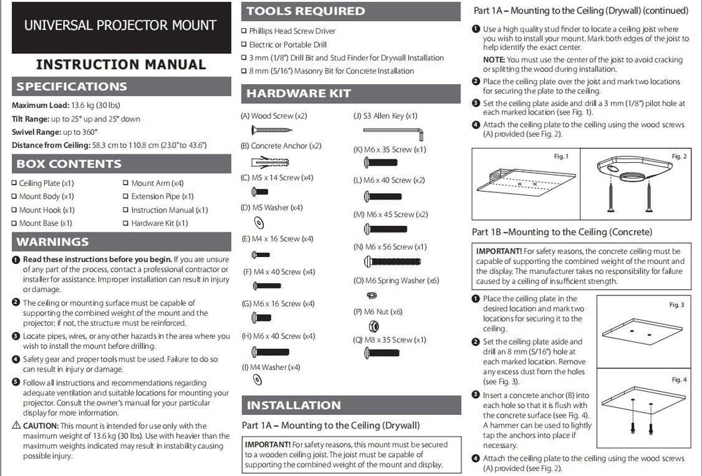 Full Motion Universal Ceiling Projector Mount Bracket with Adjustable Height ...