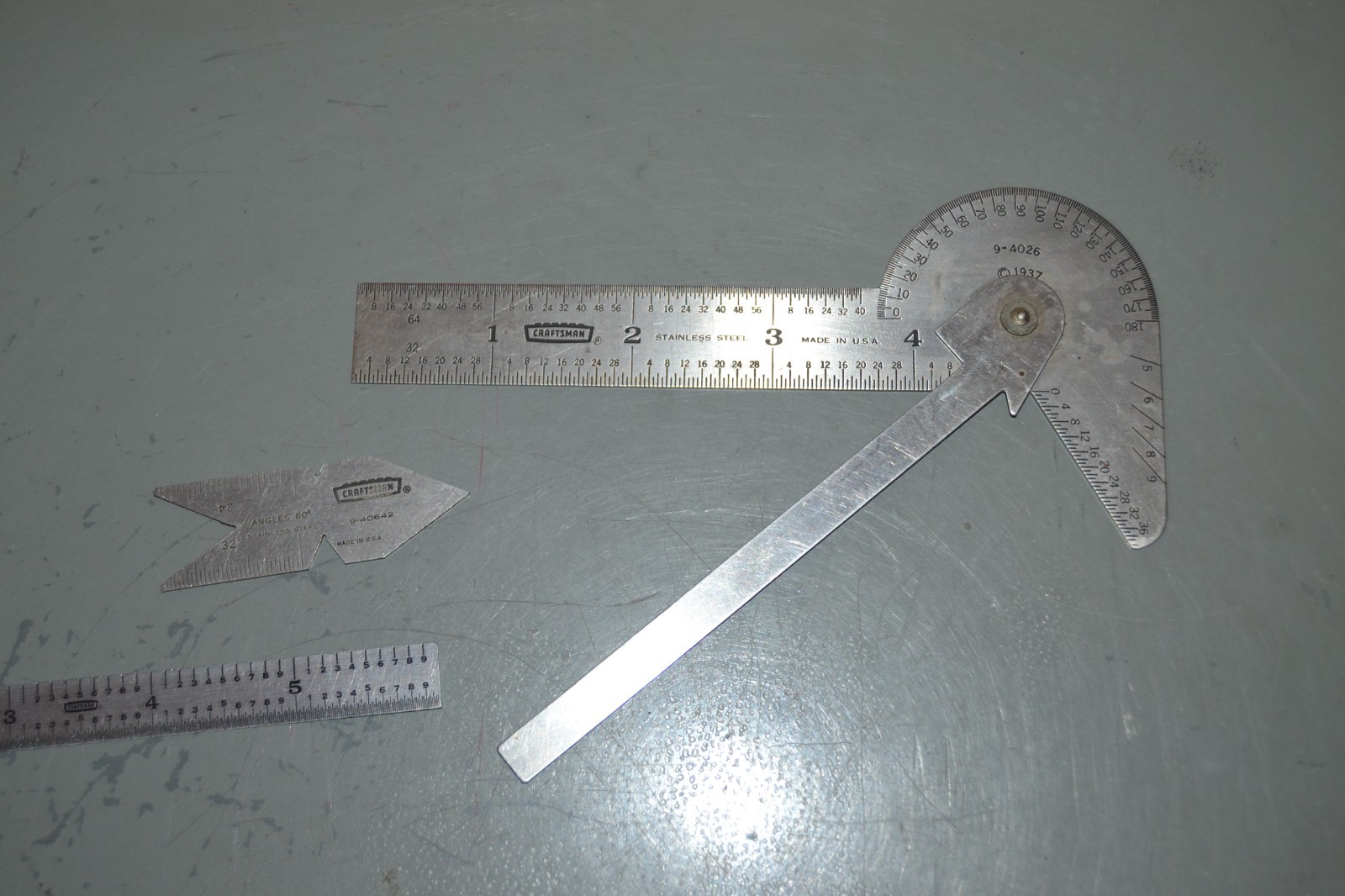 (4) CRAFTSMAN LOT 12" & 6" RULE, PROTRACTOR, ANGLES 60 DEGREE THREAD CENTER GAGE