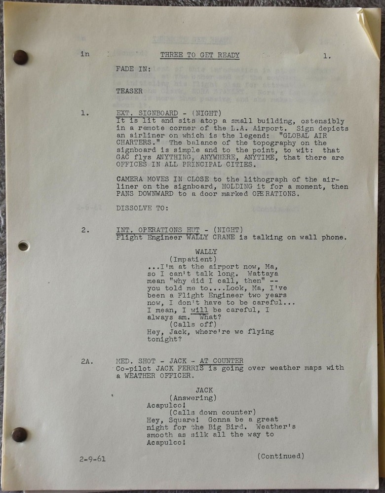 1961 Three to Get Ready Original Screenplay Final Shooting Script+Cast Sheet
