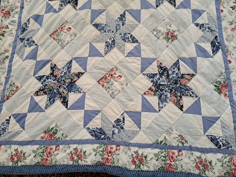 Handmade Star & Floral Pattern Blue Patchwork Quilt
