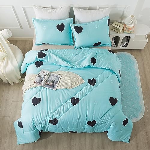 Comforter Set Size - Light Cute Heart Print Comforter Bedding Set, Twin Blue