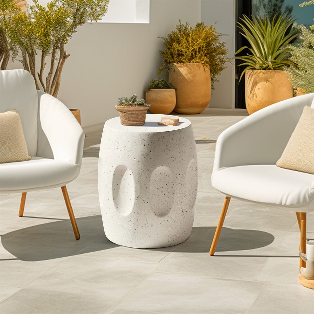 Off-white Round End Table Coffee Sofa Side Table Drum Shape Solid Concrete