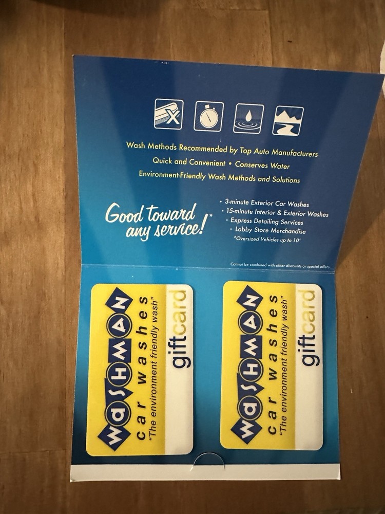 2 $50 Wash Man Gift Cards with Envelope