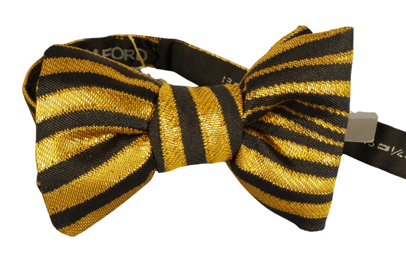 NWT TOM FORD Gold & Black Striped Pre-Tied Bow Tie ITALY 4.5 "x 3"