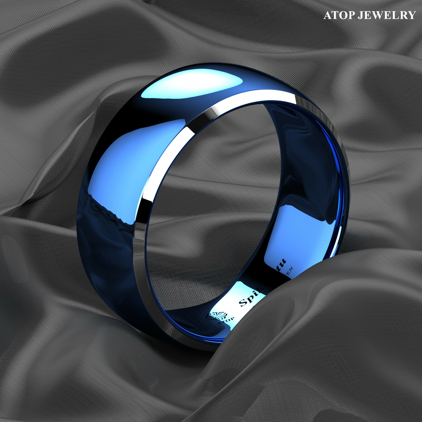 8mm ATOP Dome Blue Silver Edges Tungsten Ring for Men Comfort Fit Wedding Ring