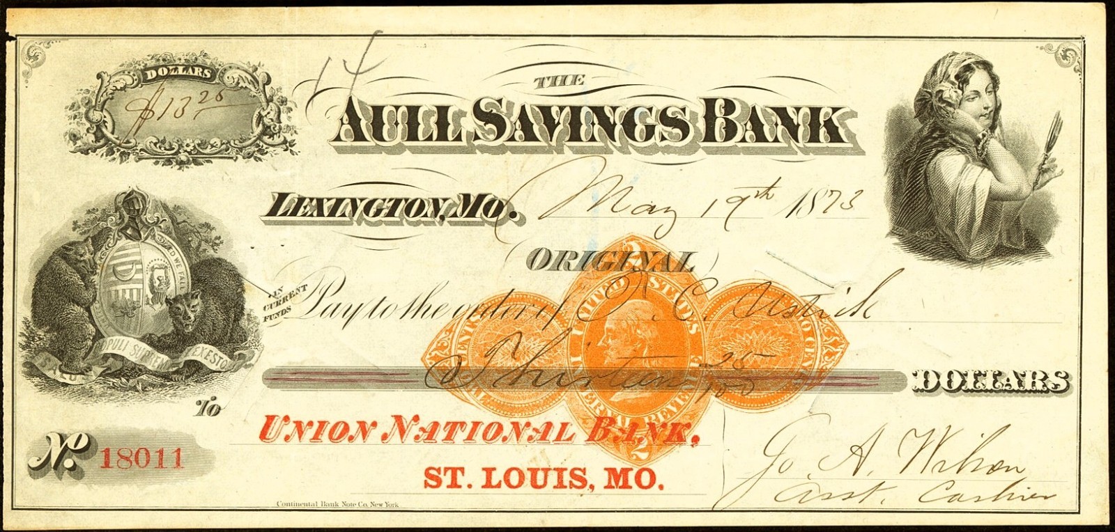 MO $13 LEXINGTON Missouri The Aull Savings Bank UNB ST LOUIS May 19, 1873 Check
