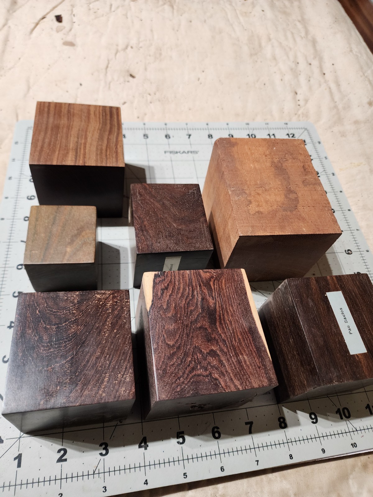 Seven Exotic Wood Cubes, 2 To 3" Square, For Turning Or Samples