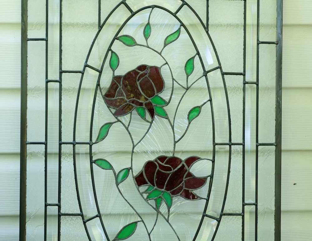 20" x 34" Stained Glass Window Panel rose blooming