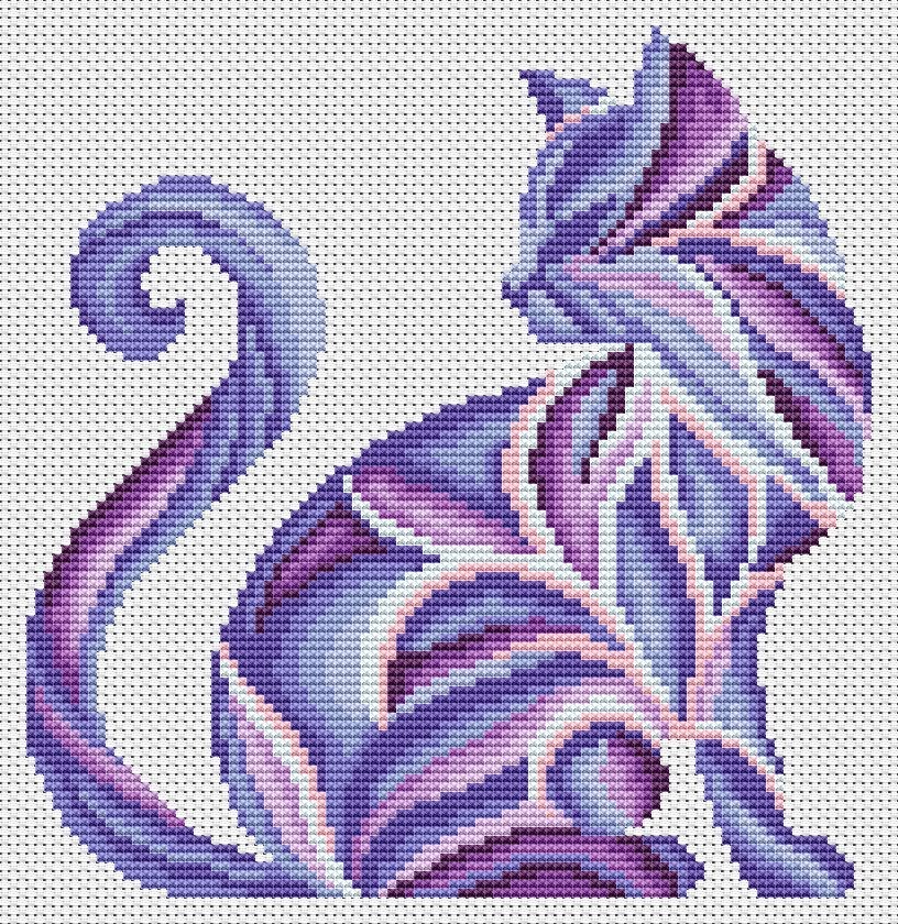 Cross Stitch Printed Pattern Purple Abstract Cat DIY Chart Needlework DMC Color