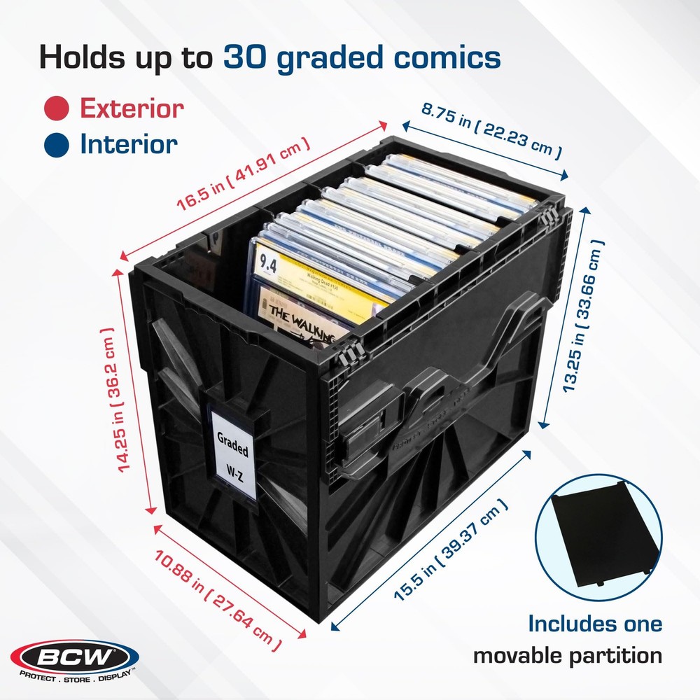 Graded Comic Book Bin with Partition – Black (1 Pack) | Holds 30 Graded Comic...