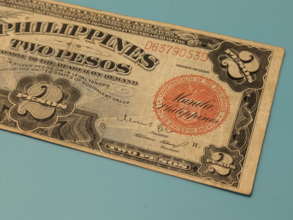 1936 2 Peso Philippines. Better Grade Note