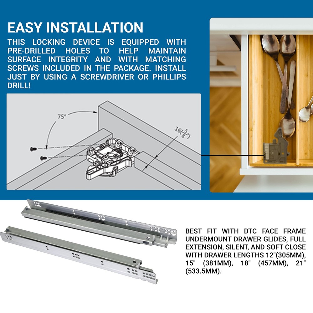 Pair of DTC Undermount Drawer Slide Left & Right Locking Device Set, Gray