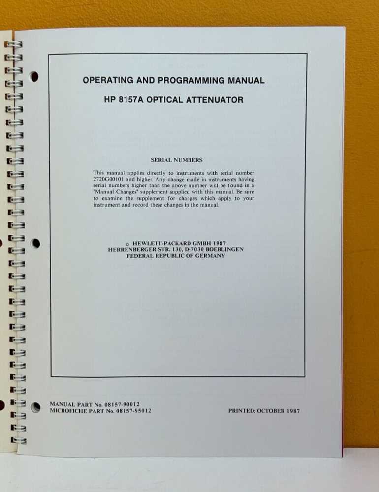 HP / Agilent 08157-90012 1987 Optical Attenuator Operating & Programming Manual.