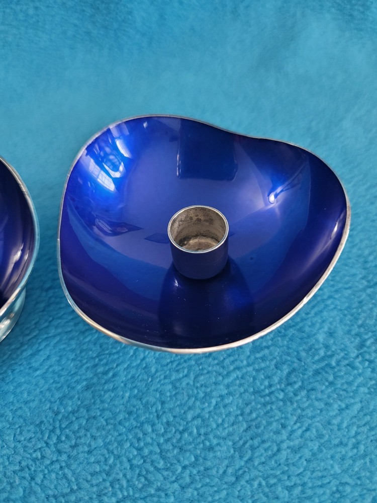 2 Vintage MEKA MADE IN DENMARK Blue Enamel Silver Plated Candleholders