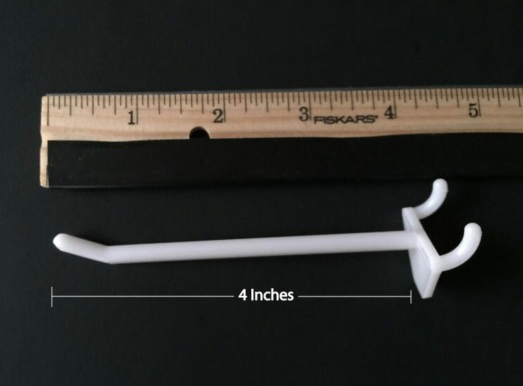 4 Inch Long White Plastic Pegboard Display Hooks 1/8" Thick Quantity 50