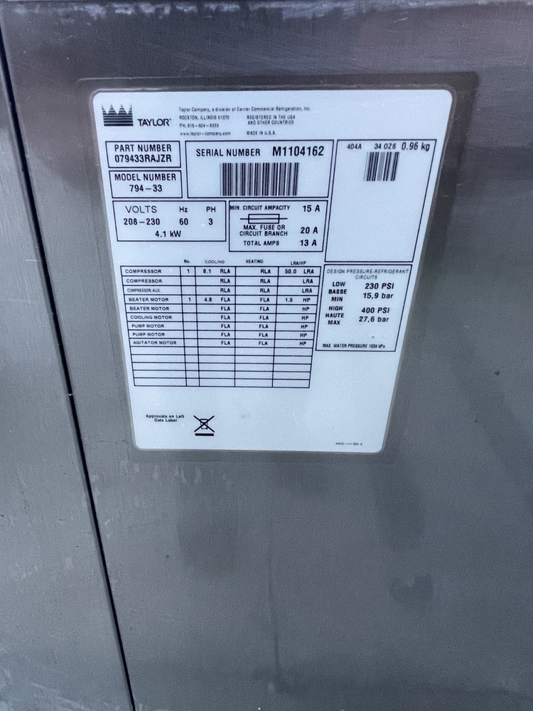 Taylor C794-33 Machine, Water Cooled, 3 Phase