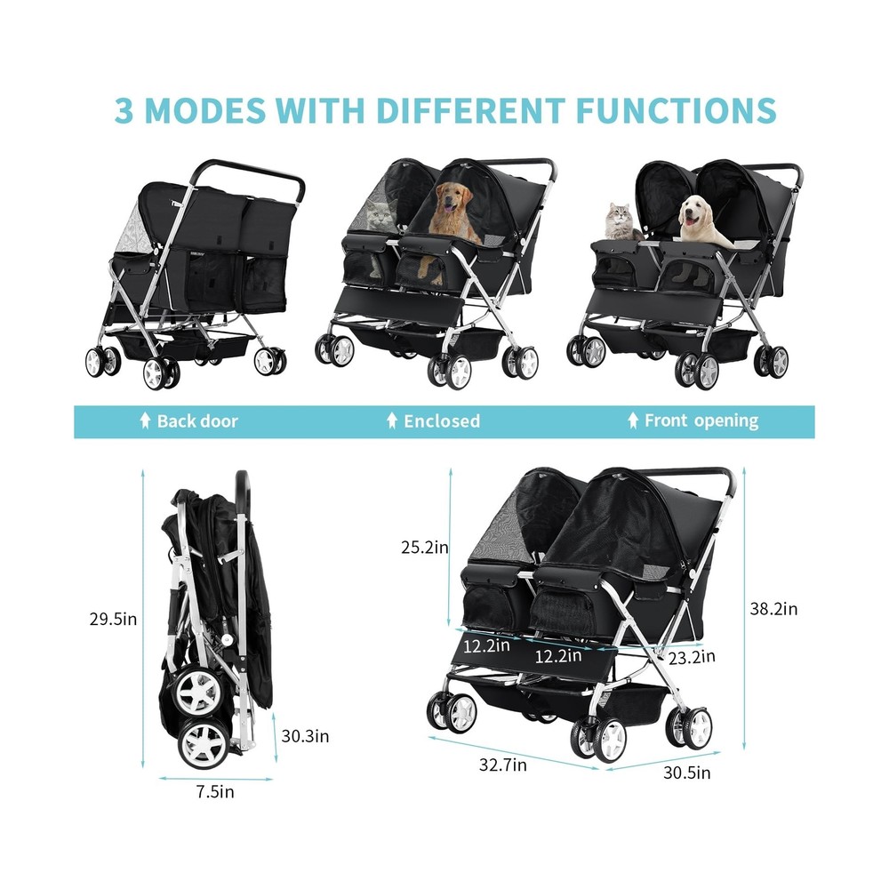 Double Pet Stroller, Foldable Stroller for 2 Dogs & Cats, Two-Seater Carrier ...