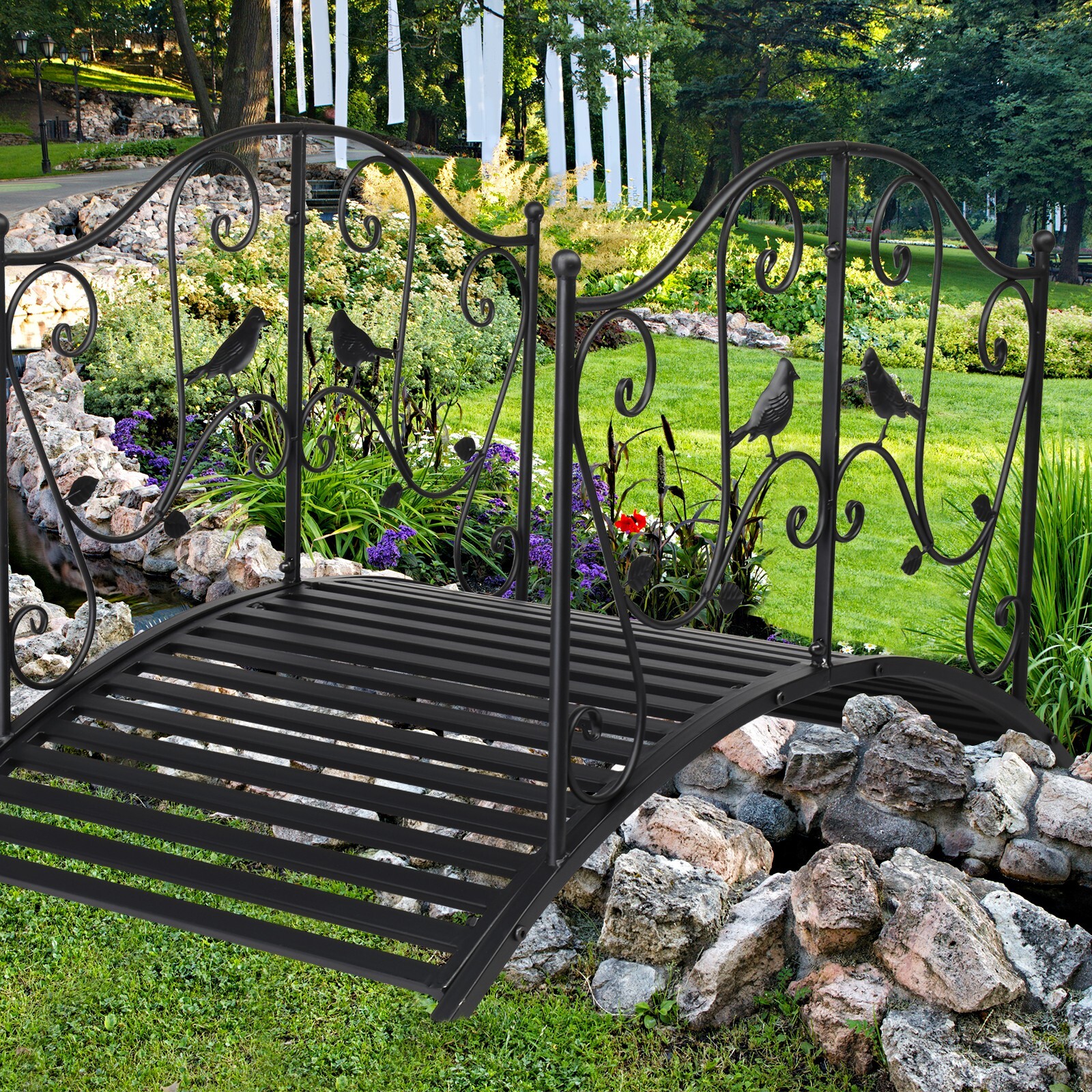 3.9FT Rustic Black Iron Bridge Courtyard Garden W/Bird Pattern Arched Handrails