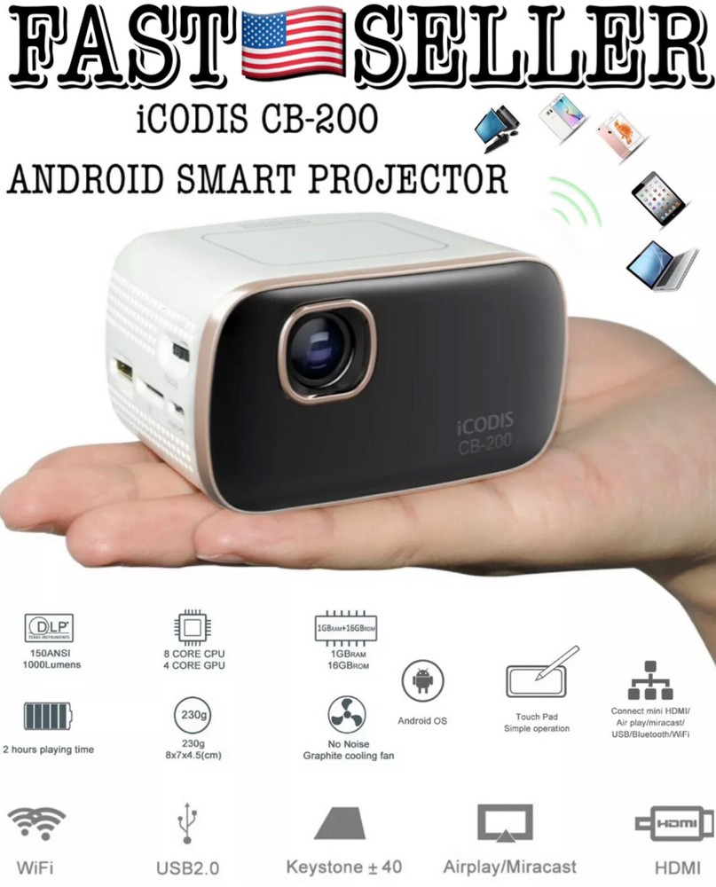 iCODIS CB-200 Android Portable Mini Pico Mobile Projector, 900 Lumen, Cortex A7