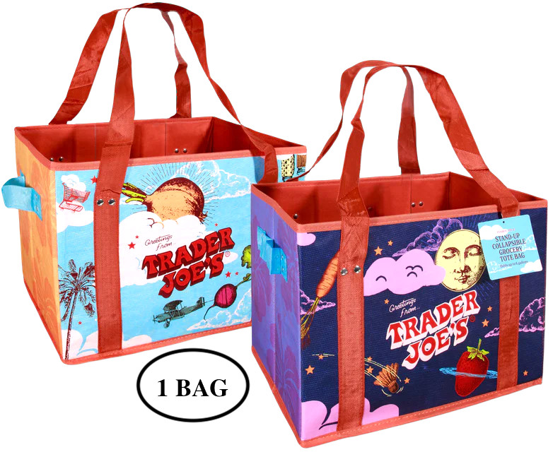 NEW TRADER JOE'S STAND UP COLLAPSIBLE TOTE GROCERY BAG. STURDY AND STORABLE
